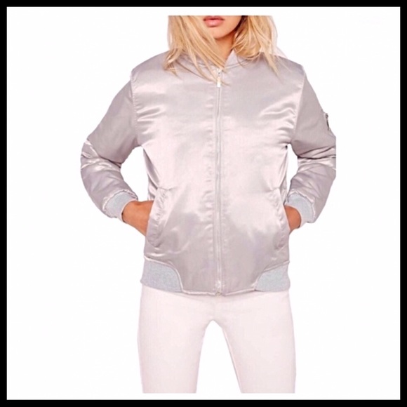 SILVER SATIN MOTO BOMBER VARSITY JACKET - Picture 7 of 8